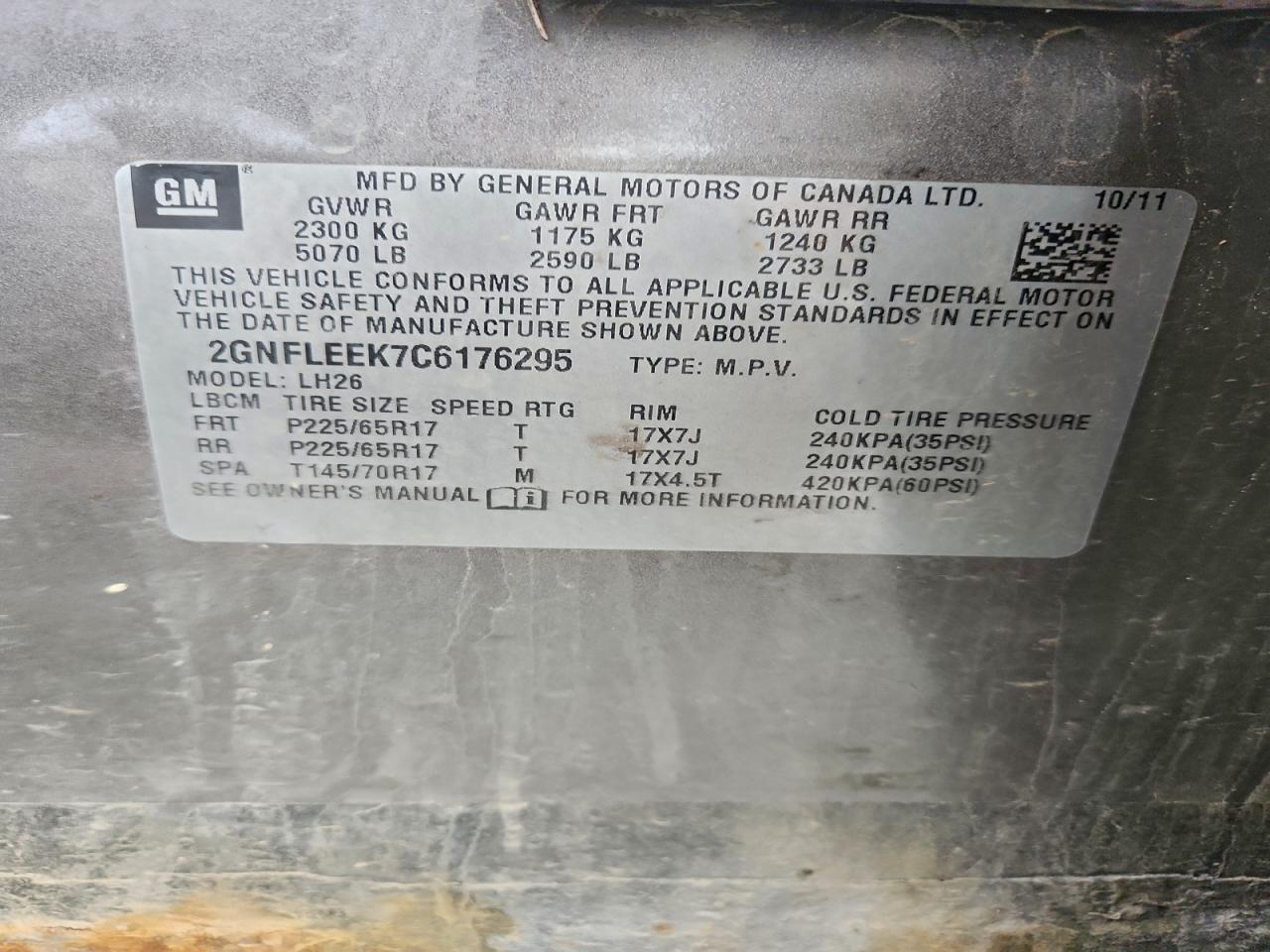 2012 Chevrolet Equinox Lt VIN: 2GNFLEEK7C6176295 Lot: 94068335