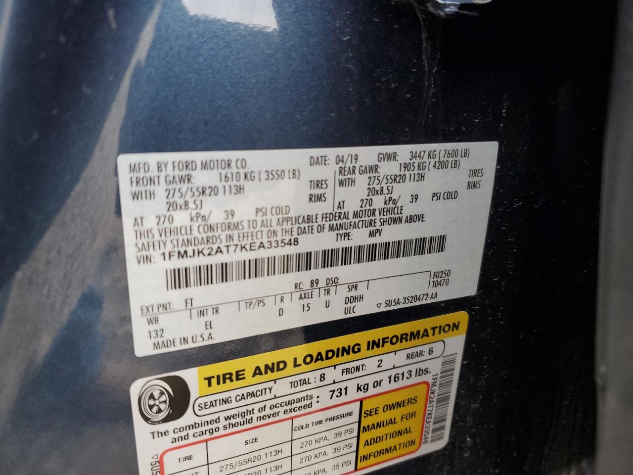 2019 Ford Expedition Max Limited VIN: 1FMJK2AT7KEA33548 Lot: 91439285