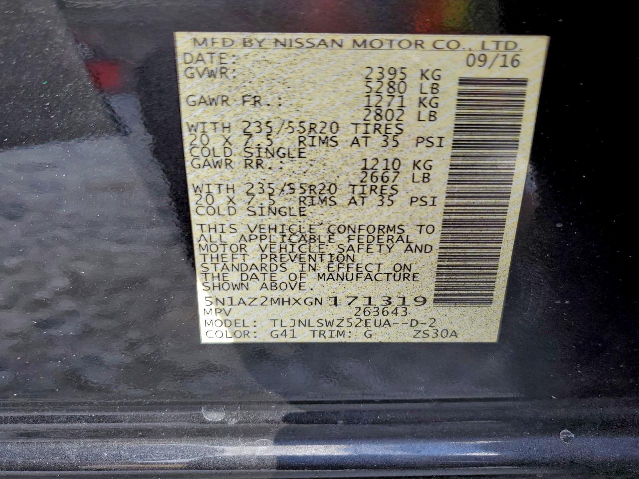 2016 Nissan Murano S VIN: 5N1AZ2MHXGN171319 Lot: 94715355