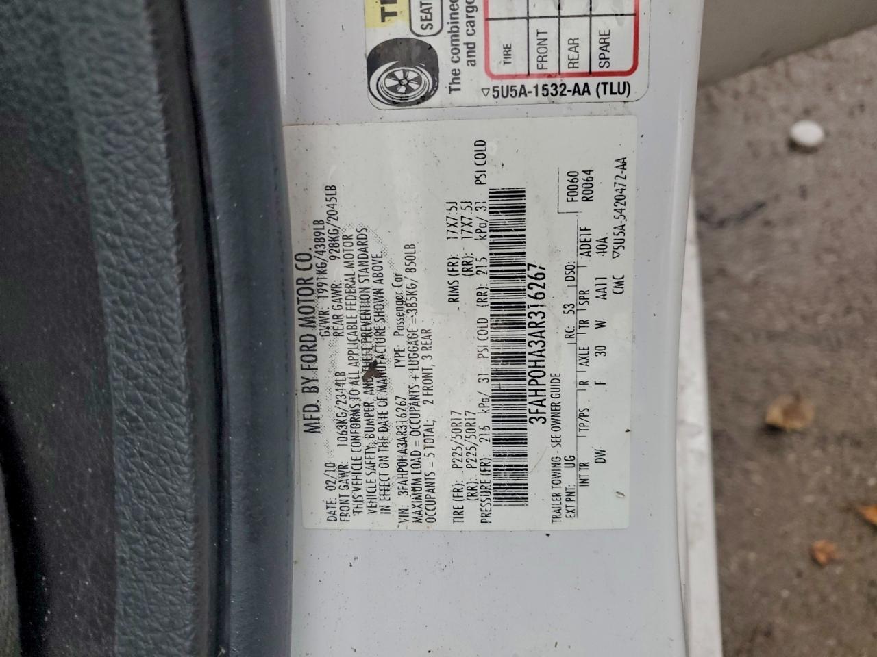 2010 Ford Fusion Se VIN: 3FAHP0HA3AR316267 Lot: 94120805