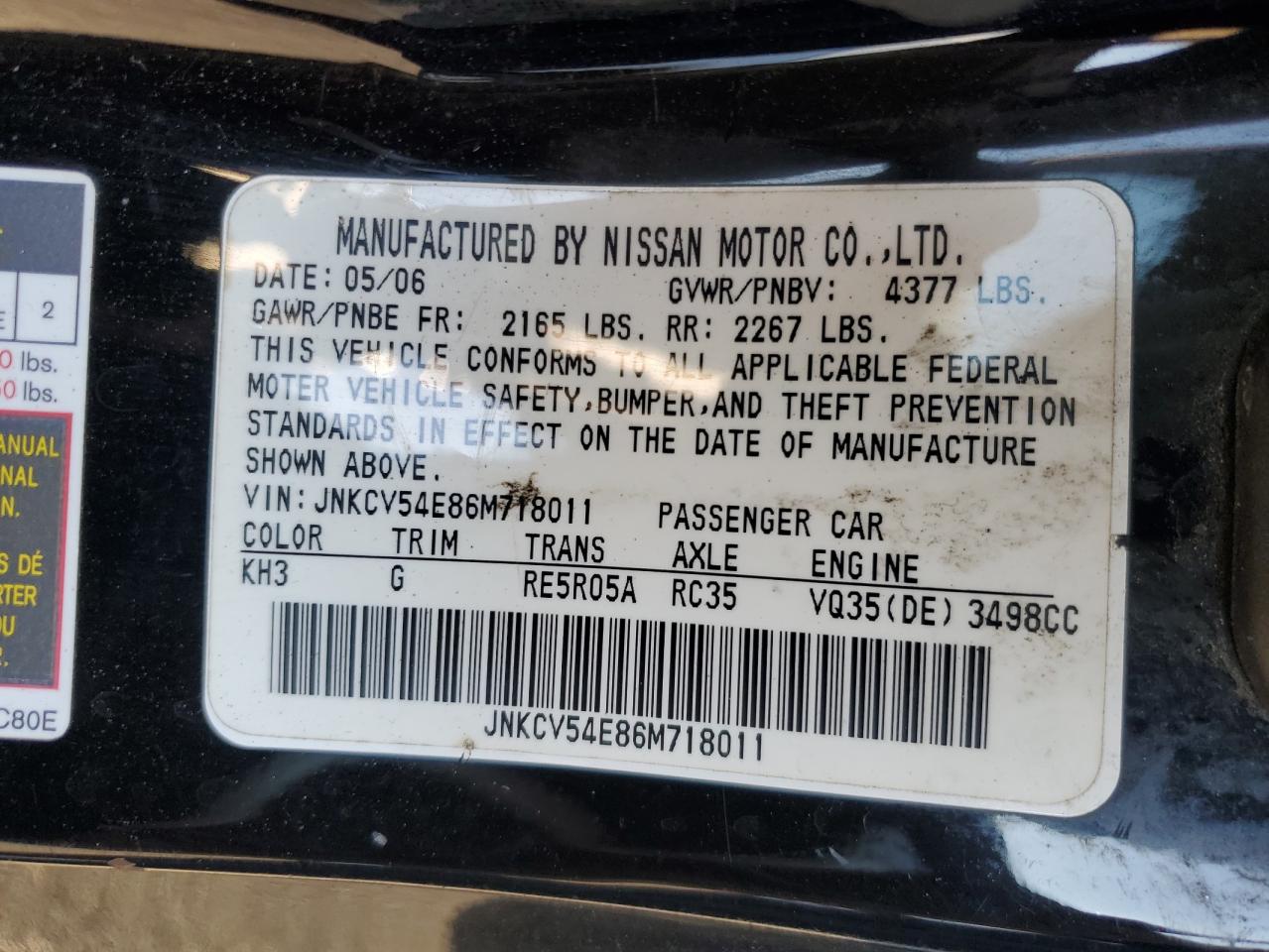 2006 Infiniti G35 VIN: JNKCV54E86M718011 Lot: 91802345