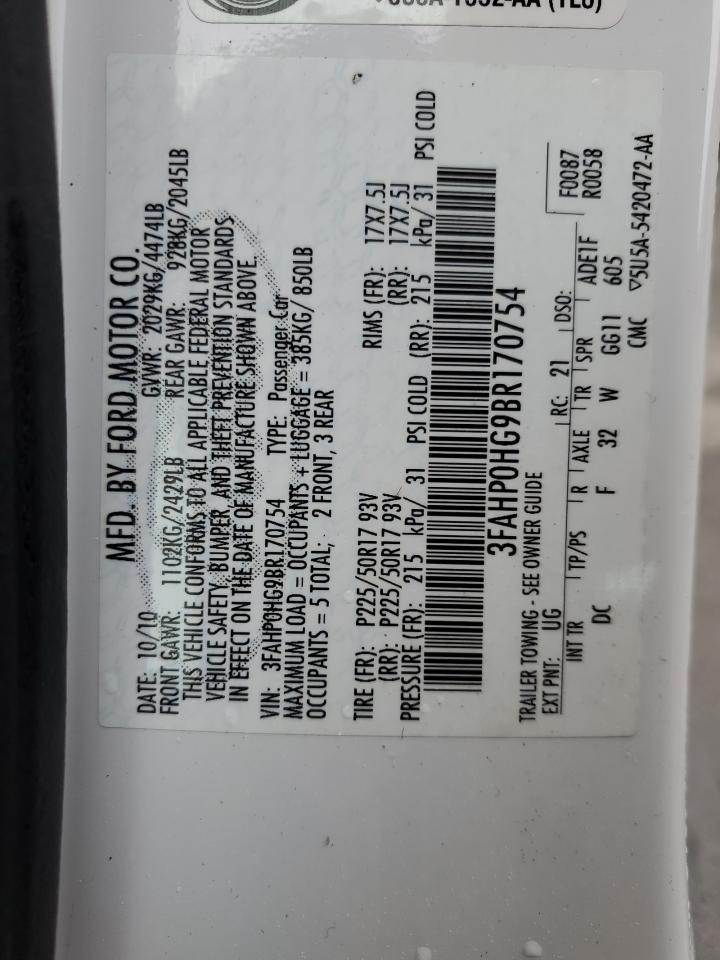 2011 Ford Fusion Se VIN: 3FAHP0HG9BR170754 Lot: 93241275