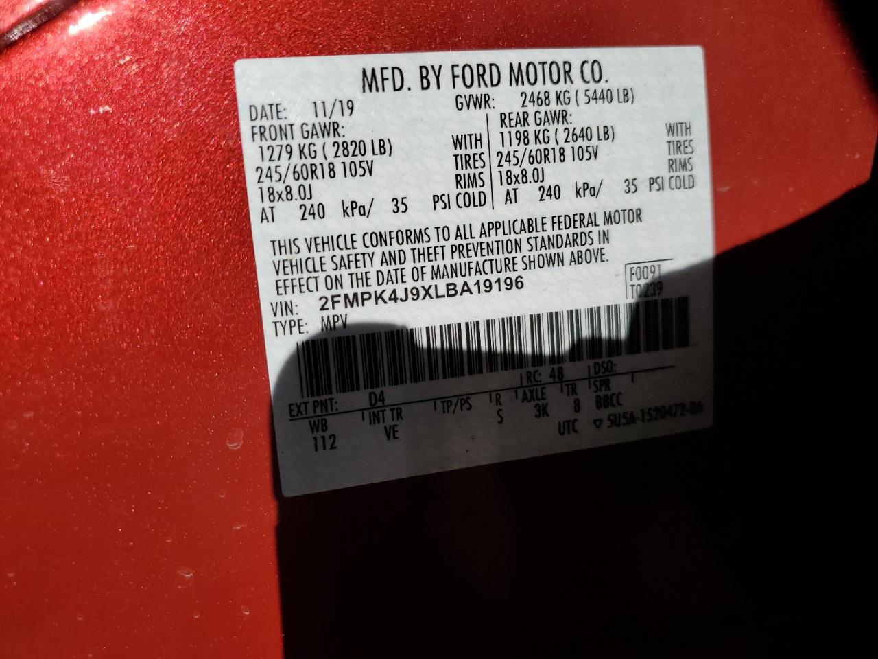 2020 Ford Edge Sel VIN: 2FMPK4J9XLBA19196 Lot: 91384345