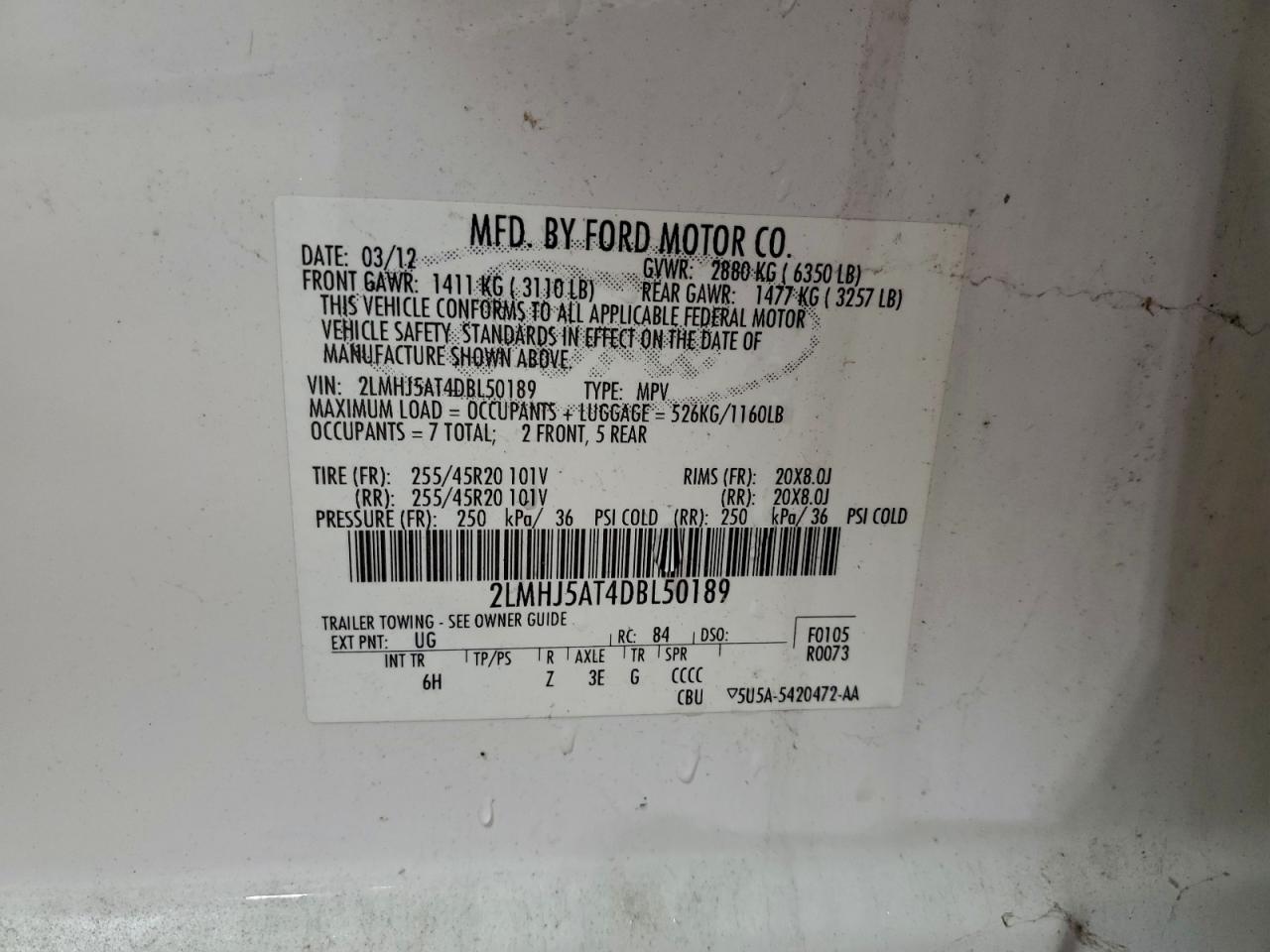 2013 Lincoln Mkt VIN: 2LMHJ5AT4DBL50189 Lot: 94309445