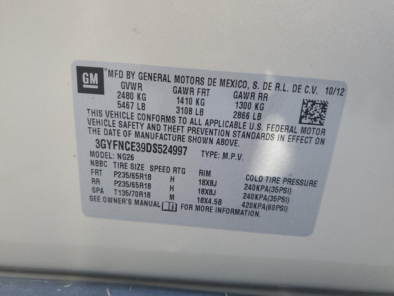 2013 Cadillac Srx Luxury Collection VIN: 3GYFNCE39DS524997 Lot: 93464655