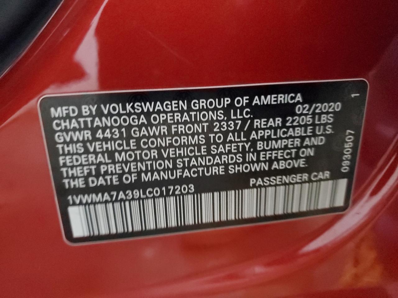 2020 Volkswagen Passat R-Line VIN: 1VWMA7A39LC017203 Lot: 93455235