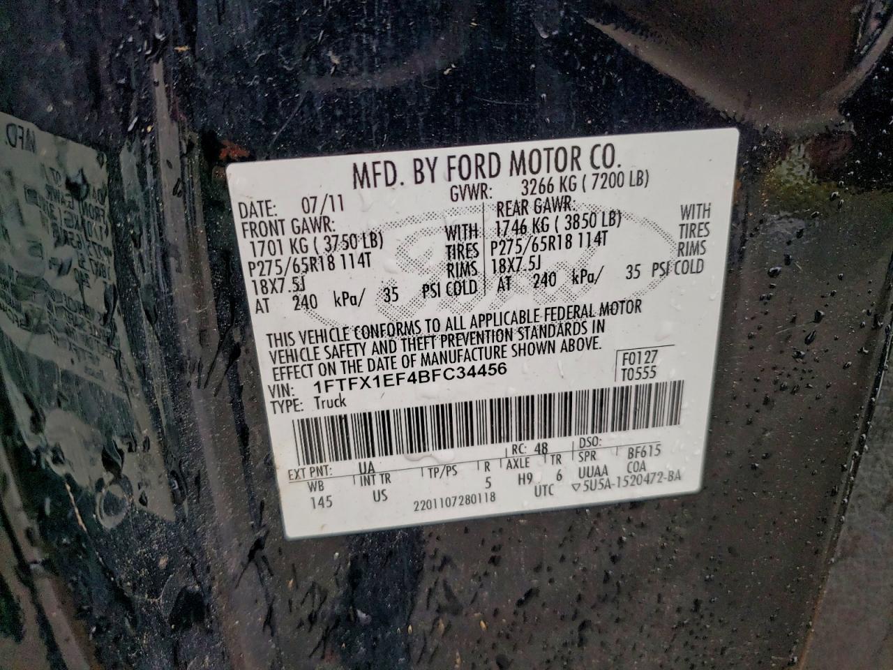 2011 Ford F150 Super Cab VIN: 1FTFX1EF4BFC34456 Lot: 93914655