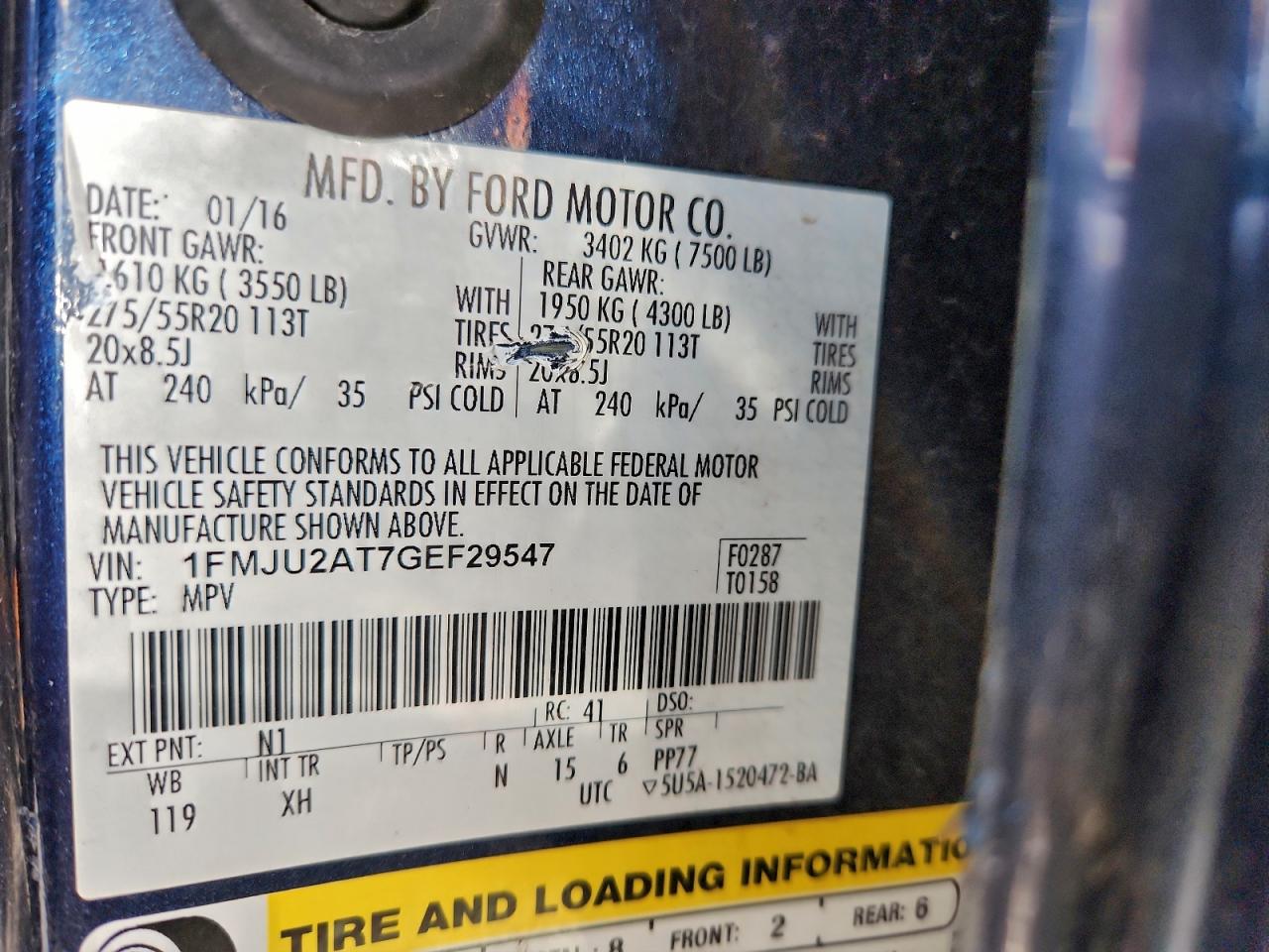 2016 Ford Expedition Limited VIN: 1FMJU2AT7GEF29547 Lot: 93226005