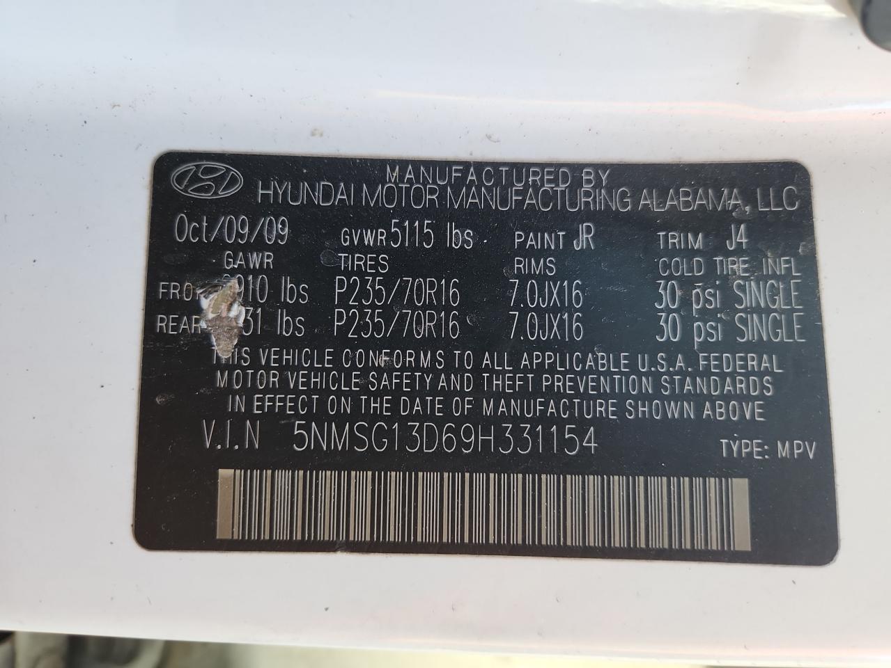 2009 Hyundai Santa Fe Gls VIN: 5NMSG13D69H331154 Lot: 90839705