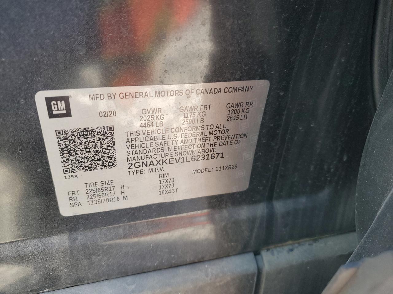 2020 Chevrolet Equinox Lt VIN: 2GNAXKEV1L6231671 Lot: 93317925