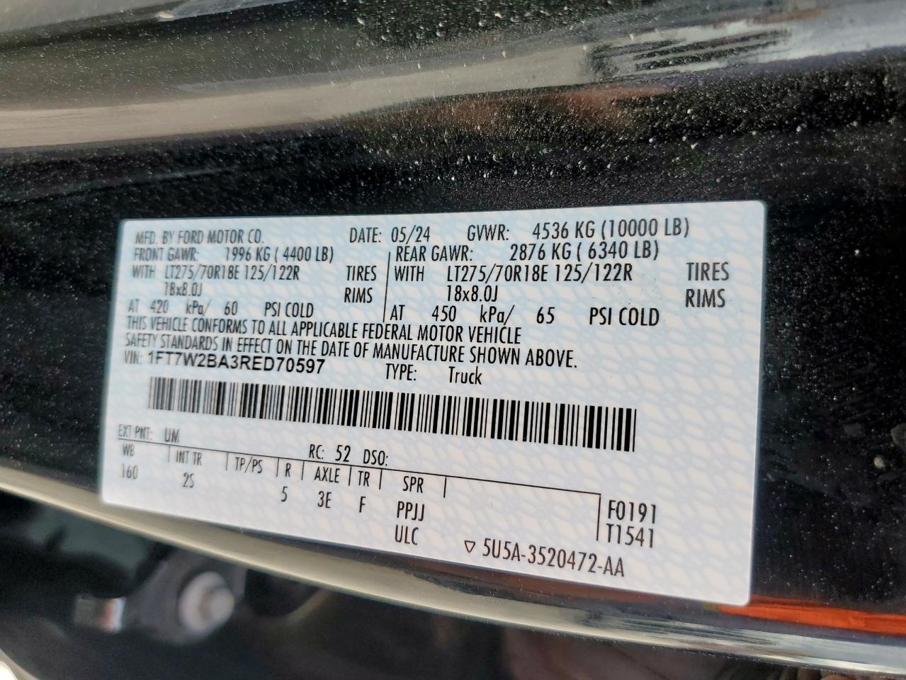 2024 Ford F250 Super Duty VIN: 1FT7W2BA3RED70597 Lot: 93203125