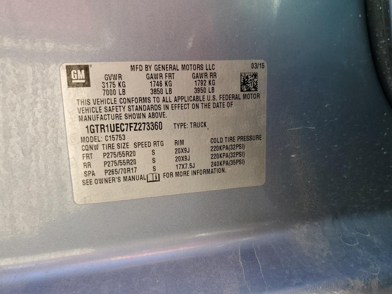 2015 GMC Sierra C1500 Sle VIN: 1GTR1UEC7FZ273360 Lot: 91861325