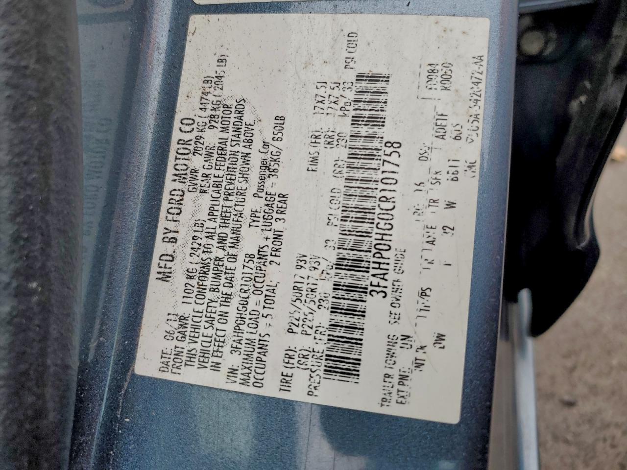 2012 Ford Fusion Se VIN: 3FAHP0HG0CR101758 Lot: 94079475