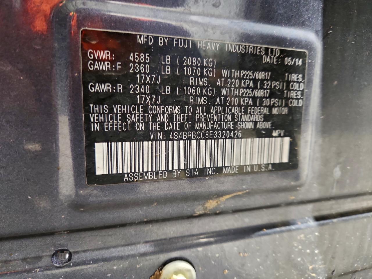 2014 Subaru Outback 2.5I Premium VIN: 4S4BRBCC8E3320426 Lot: 94558155