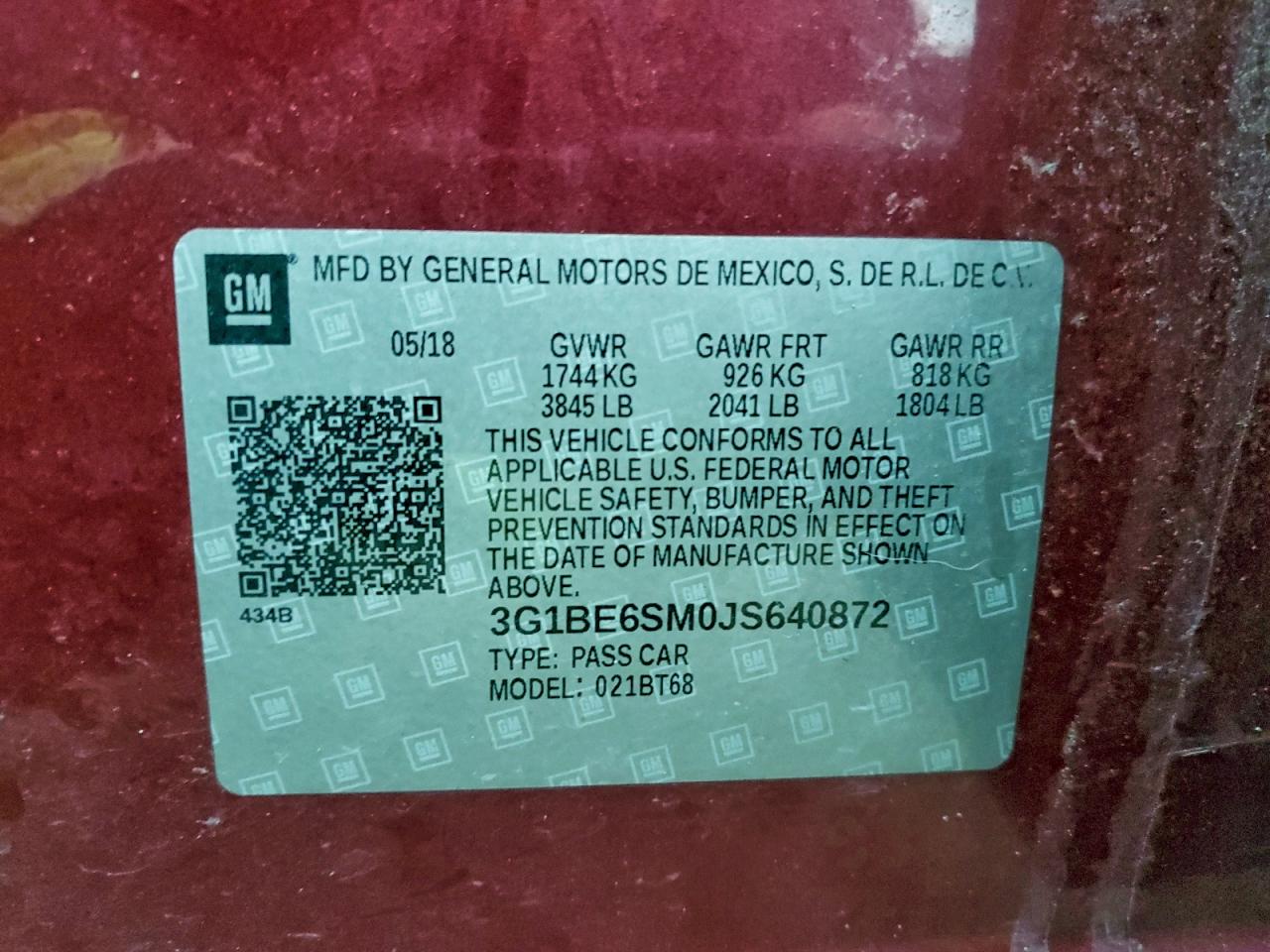 2018 Chevrolet Cruze Lt VIN: 3G1BE6SM0JS640872 Lot: 94462265