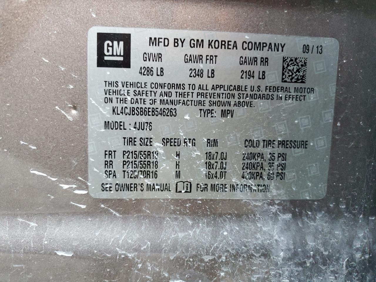 2014 Buick Encore Convenience VIN: KL4CJBSB6EB546263 Lot: 91736025