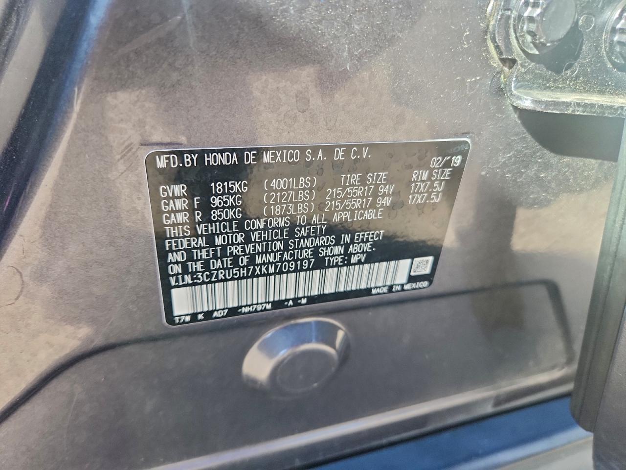 2019 Honda Hr-V Exl VIN: 3CZRU5H7XKM709197 Lot: 94315695