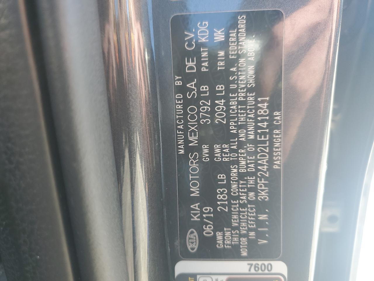 2020 Kia Forte Fe VIN: 3KPF24AD2LE141841 Lot: 91453165