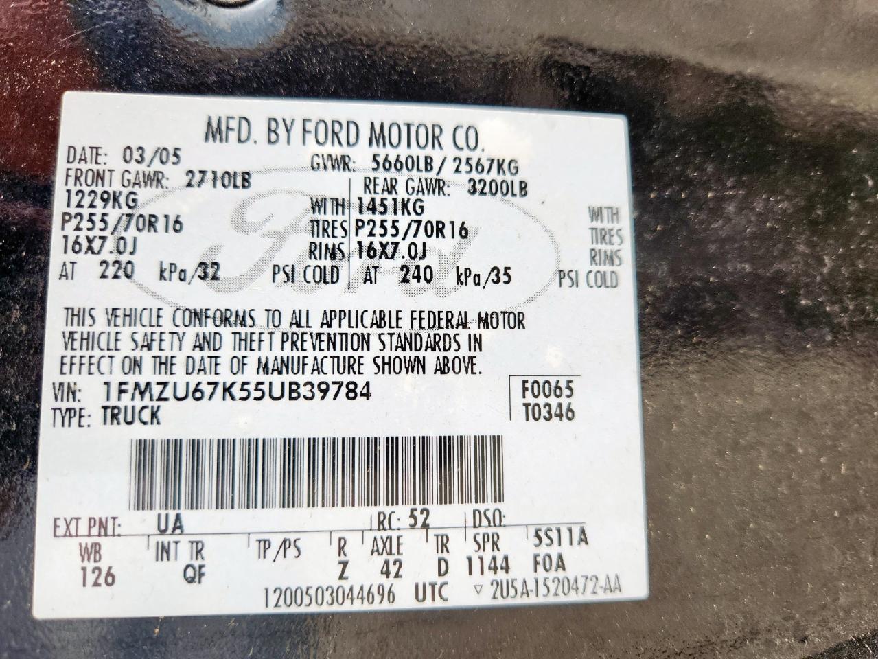 2005 Ford Explorer Sport Trac VIN: 1FMZU67K55UB39784 Lot: 90445335