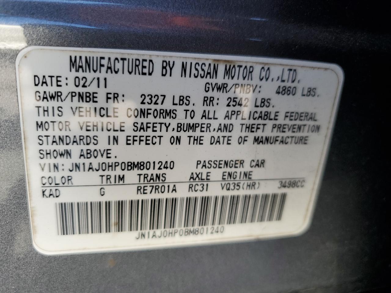 2011 Infiniti Ex35 Base VIN: JN1AJ0HP0BM801240 Lot: 91447715