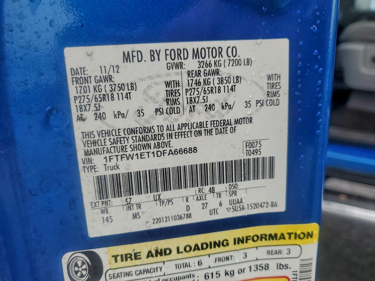 2013 Ford F150 Supercrew VIN: 1FTFW1ET1DFA66688 Lot: 94440395