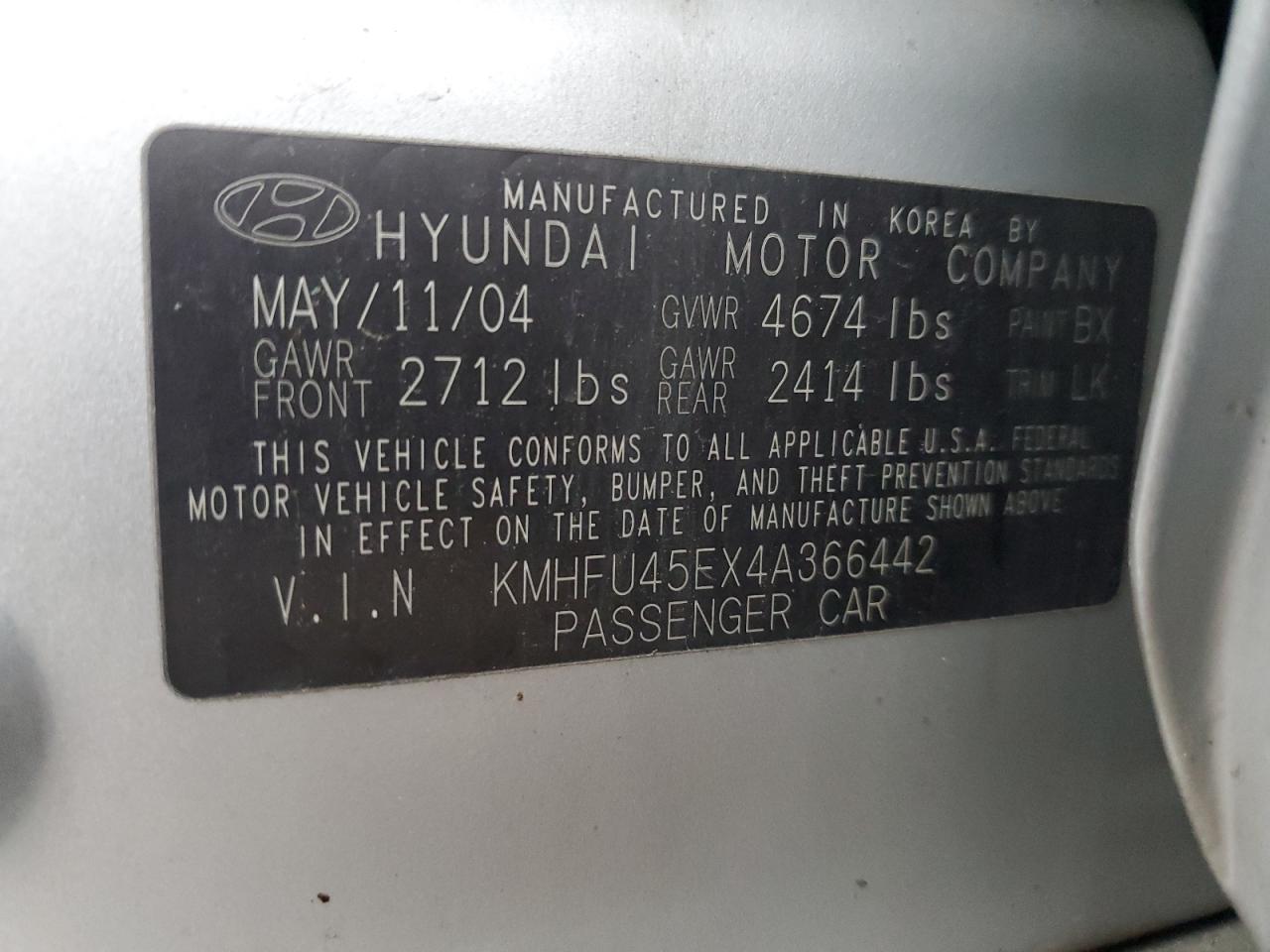 2004 Hyundai Xg 350 VIN: KMHFU45EX4A366442 Lot: 93572345