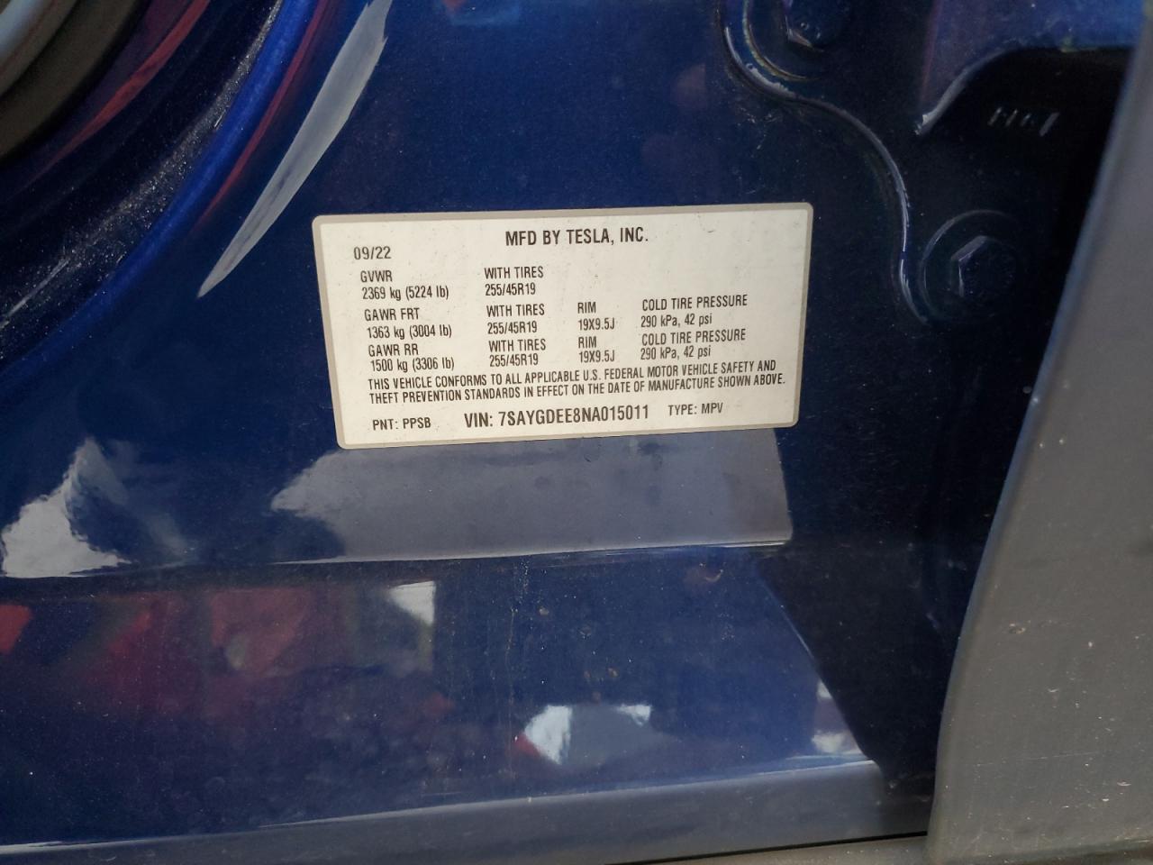 2022 Tesl Model Y VIN: 7SAYGDEE8NA015011 Lot: 91147295