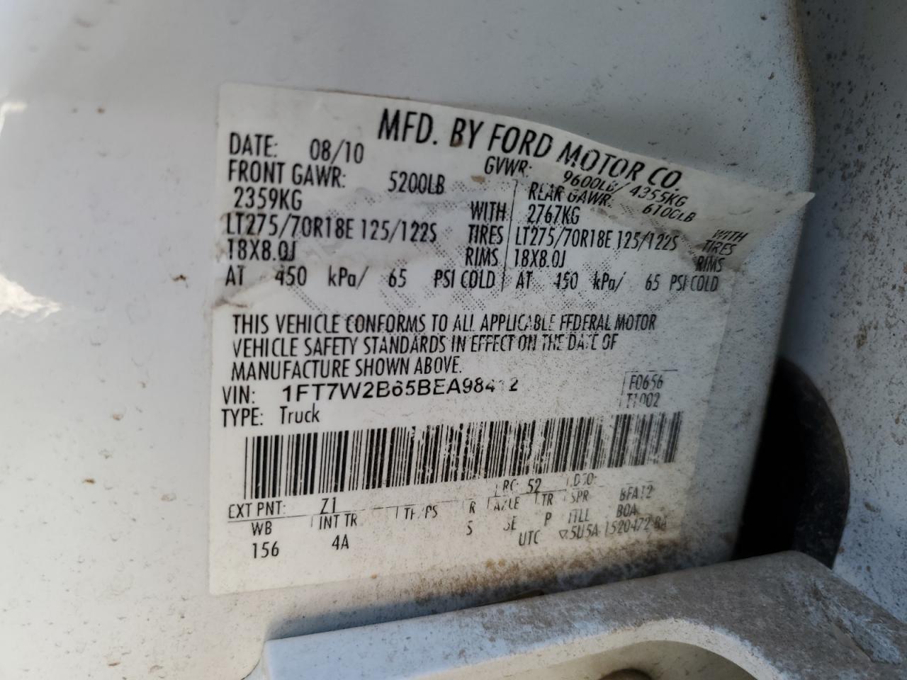 2011 Ford F250 Super Duty VIN: 1FT7W2B65BEA98412 Lot: 92825485