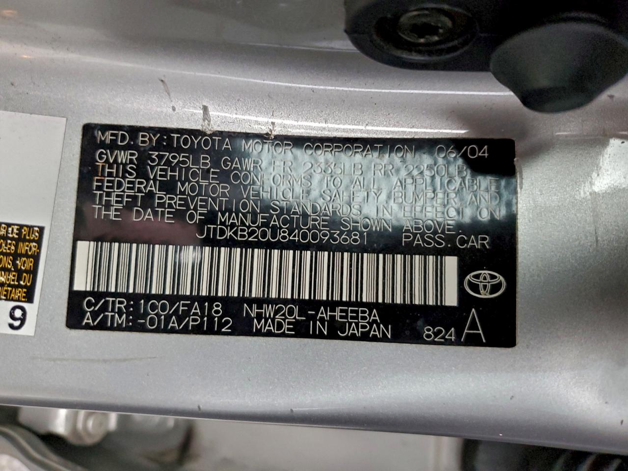 2004 Toyota Prius VIN: JTDKB20U840093681 Lot: 93907615