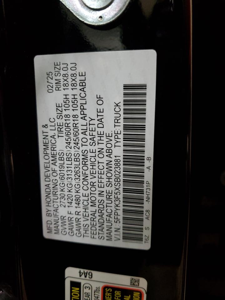 2025 Honda Ridgeline Rtl VIN: 5FPYK3F5XSB023881 Lot: 93058245