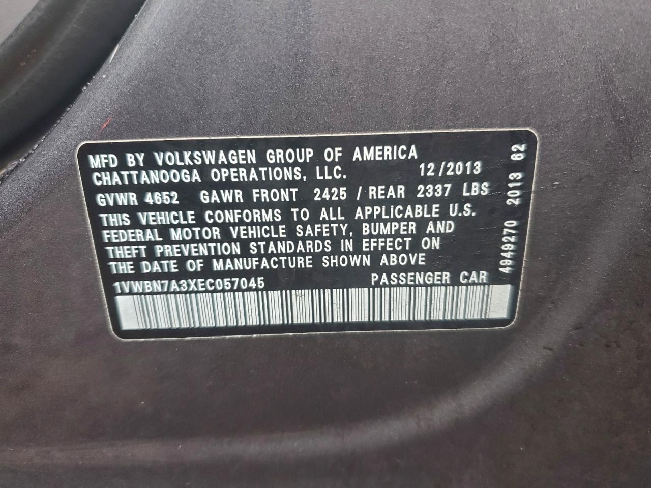 2014 Volkswagen Passat Se VIN: 1VWBN7A3XEC057045 Lot: 94336765