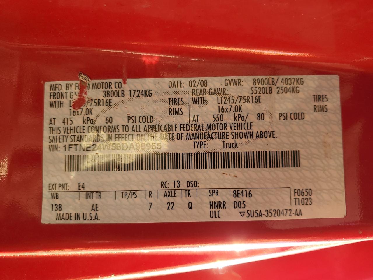 2008 Ford Econoline E250 Van VIN: 1FTNE24W58DA98965 Lot: 94841505