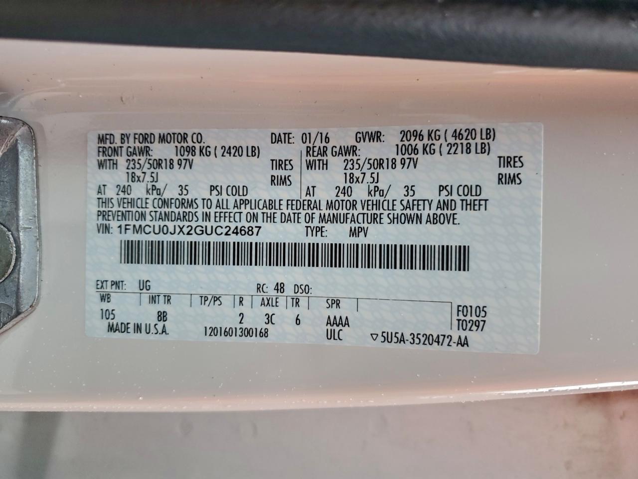 2016 Ford Escape Titanium VIN: 1FMCU0JX2GUC24687 Lot: 94160445