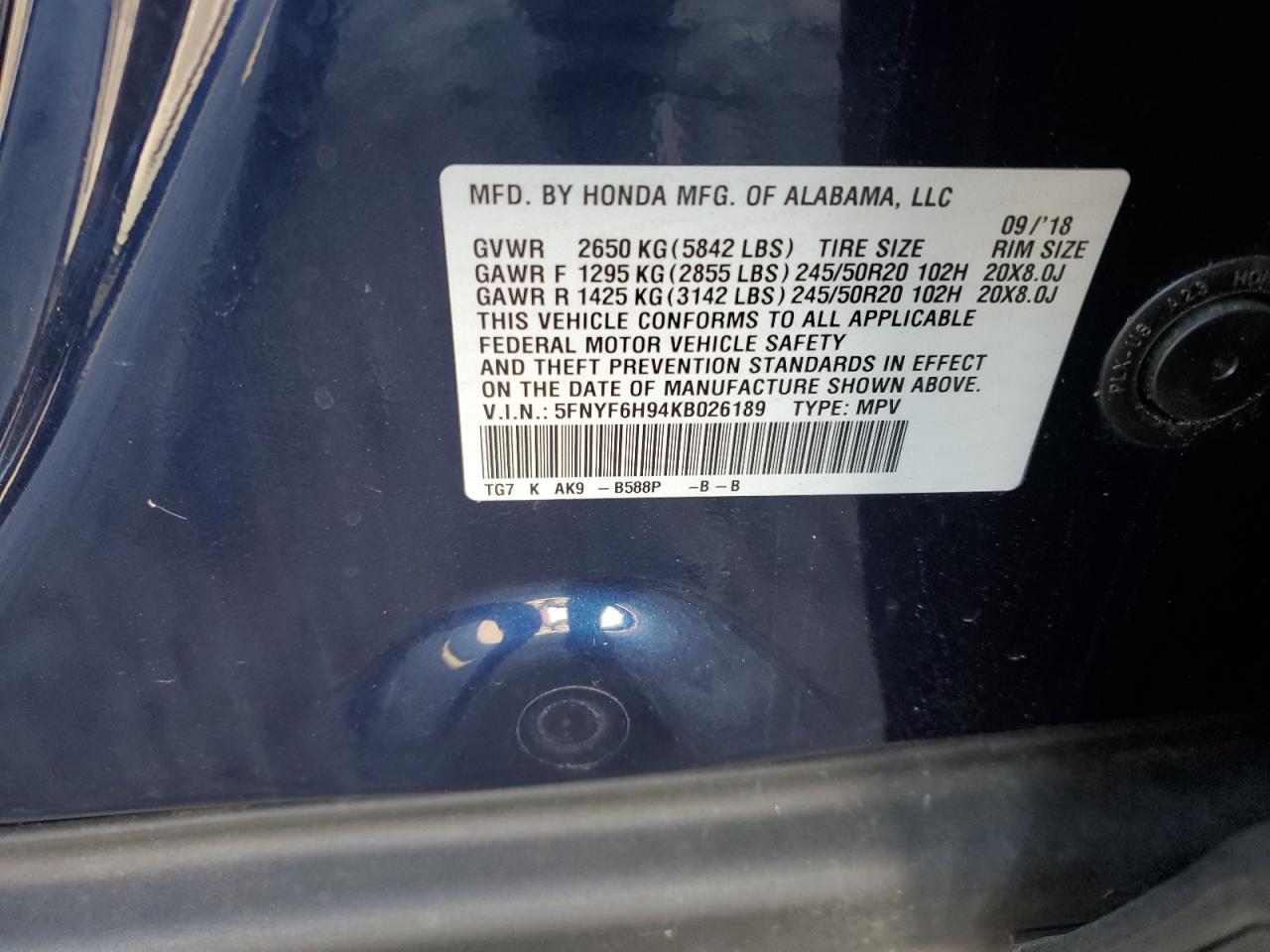 2019 Honda Pilot Touring VIN: 5FNYF6H94KB026189 Lot: 91248735