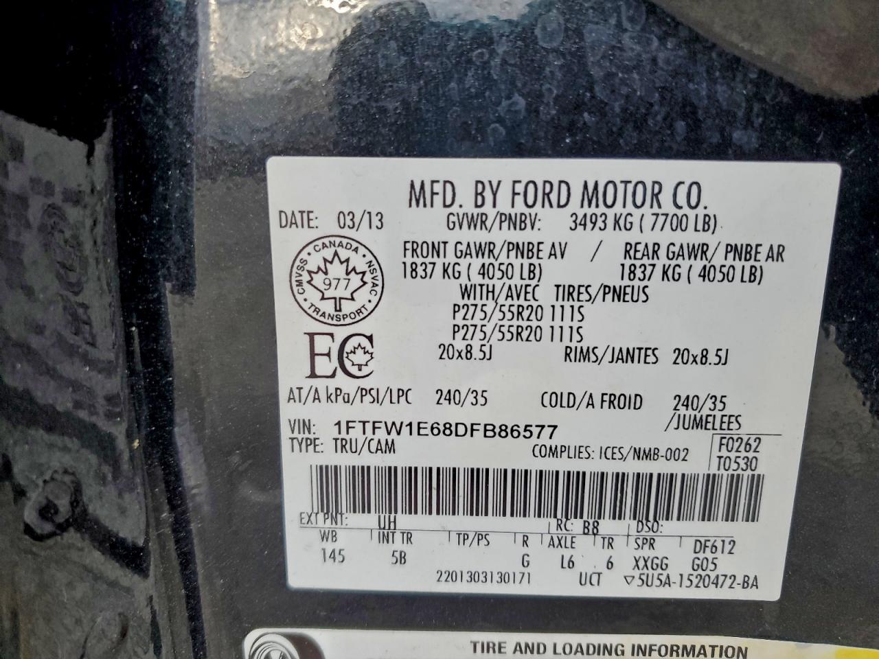 2013 Ford F150 Supercrew VIN: 1FTFW1E68DFB86577 Lot: 94374685