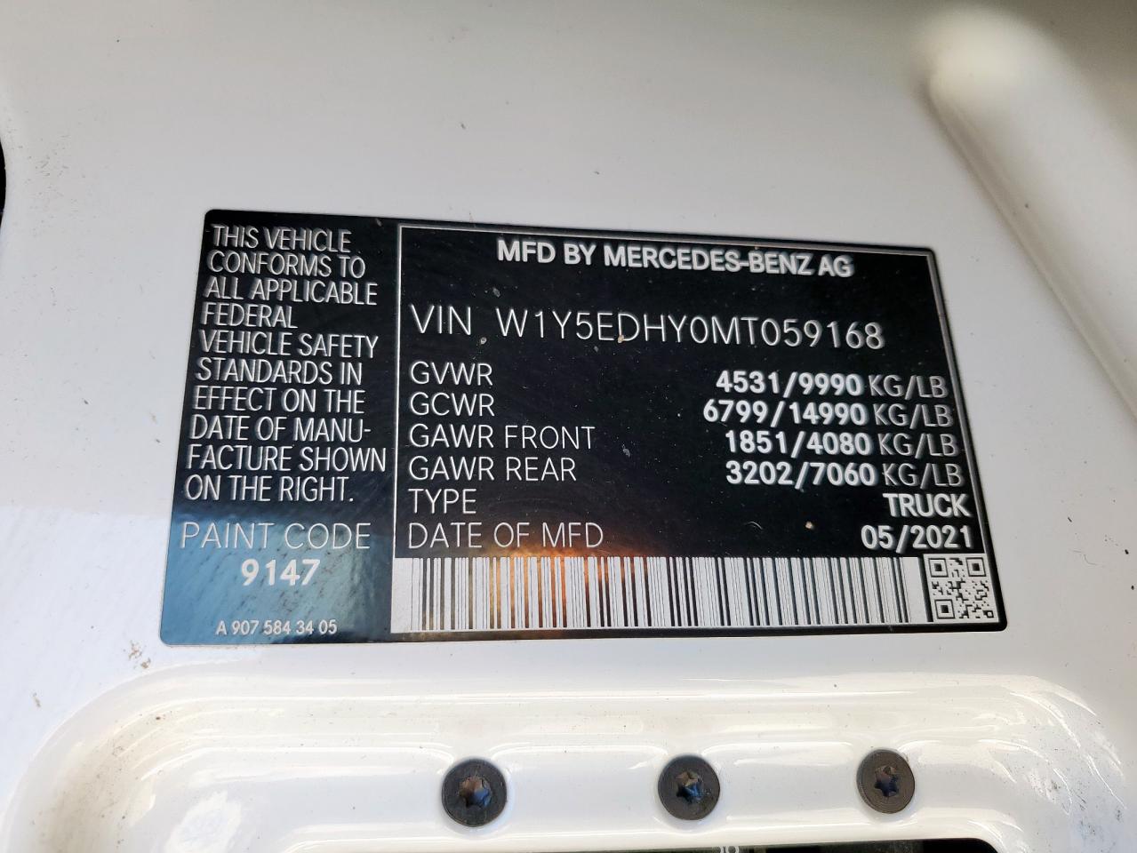 2021 Mercedes-Benz Sprinter 3500 VIN: W1Y5EDHY0MT059168 Lot: 92102335