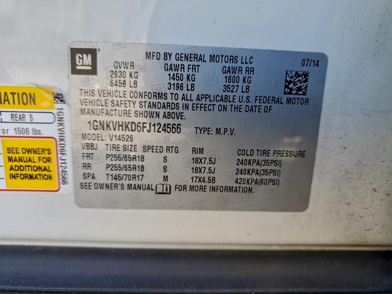 2015 Chevrolet Traverse Lt VIN: 1GNKVHKD6FJ124566 Lot: 93906505