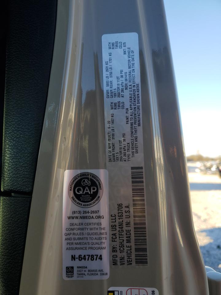 2022 Jeep Gladiator Overland VIN: 1C6HJTFG4NL163706 Lot: 91605575