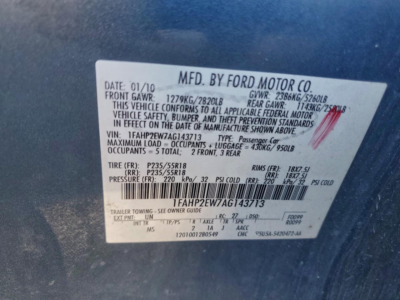 2010 Ford Taurus Sel VIN: 1FAHP2EW7AG143713 Lot: 93700875