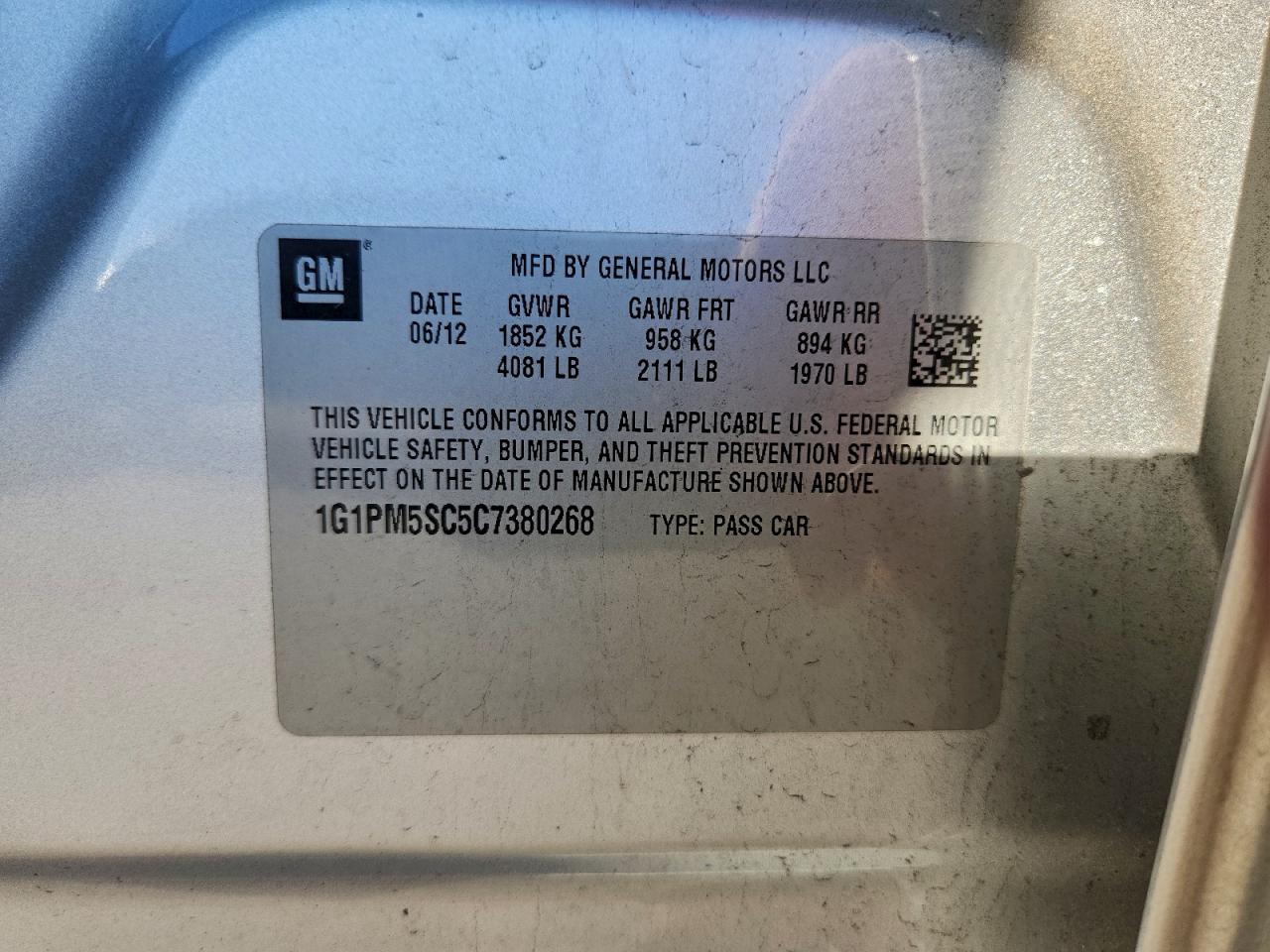 2012 Chevrolet Cruze Lt VIN: 1G1PM5SC5C7380268 Lot: 94233495