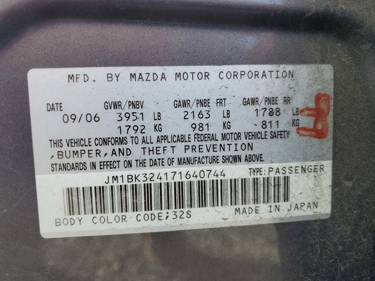 2007 Mazda 3 S VIN: JM1BK324171640744 Lot: 93269675