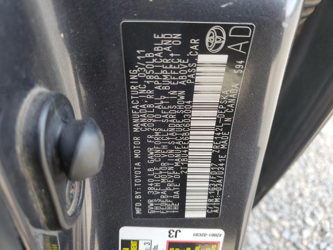 2011 Toyota Corolla Base VIN: 2T1BU4EE6BC603004 Lot: 92308665