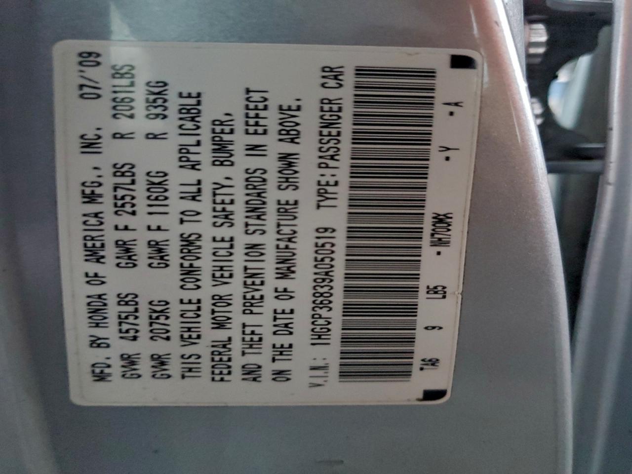 2009 Honda Accord Exl VIN: 1HGCP36839A050519 Lot: 94385725