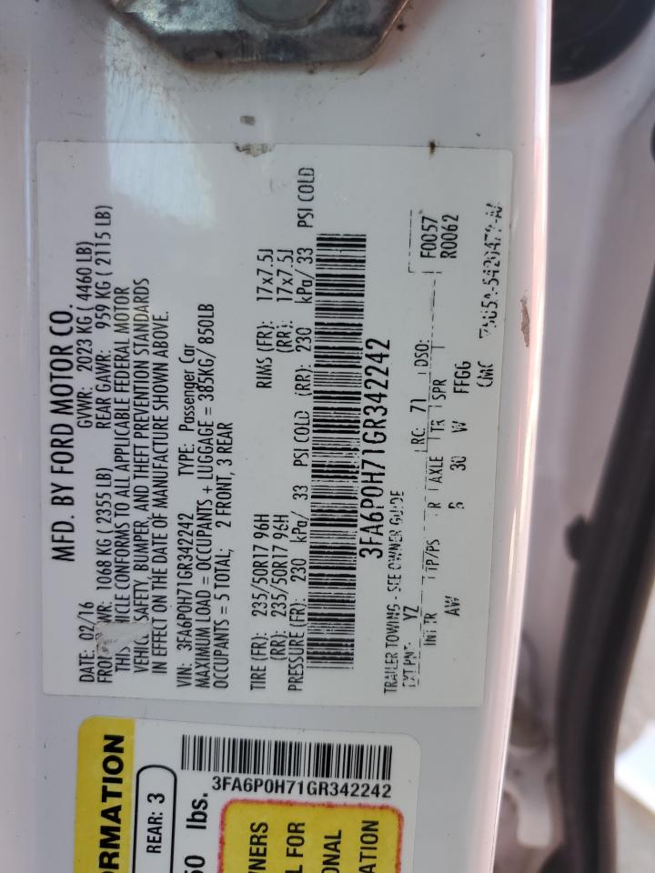 2016 Ford Fusion Se VIN: 3FA6P0H71GR342242 Lot: 91968335