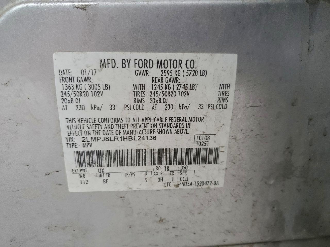 2017 Lincoln Mkx Reserve VIN: 2LMPJ8LR1HBL24136 Lot: 94492605