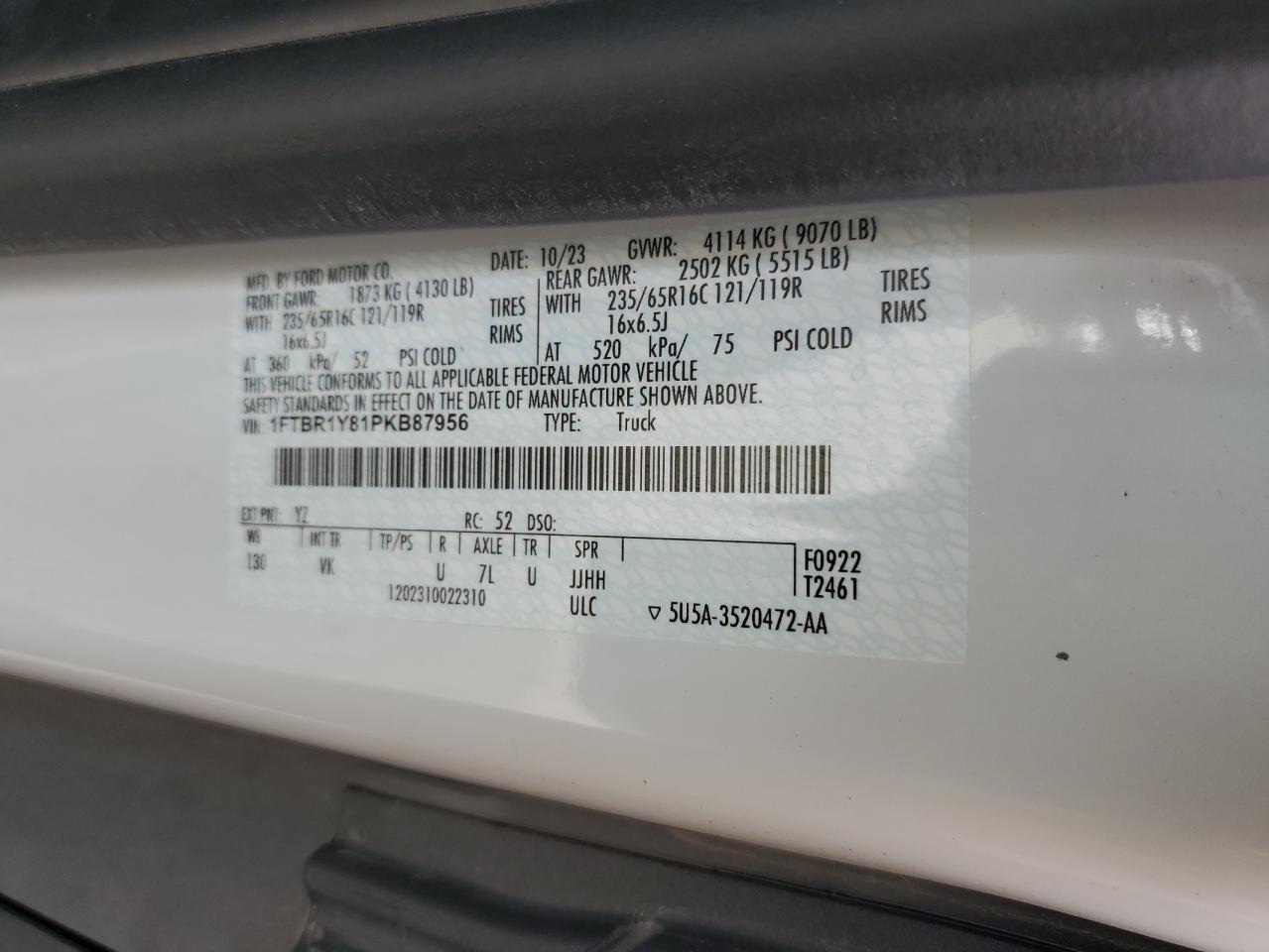 2023 Ford Transit T-250 VIN: 1FTBR1Y81PKB87956 Lot: 91661335