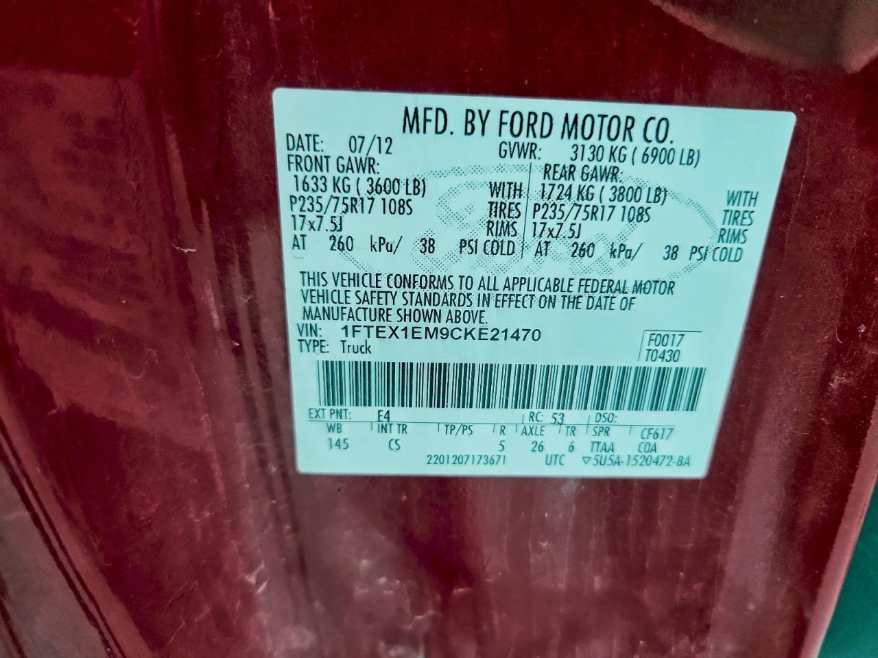 2012 Ford F150 Super Cab VIN: 1FTEX1EM9CKE21470 Lot: 93683305