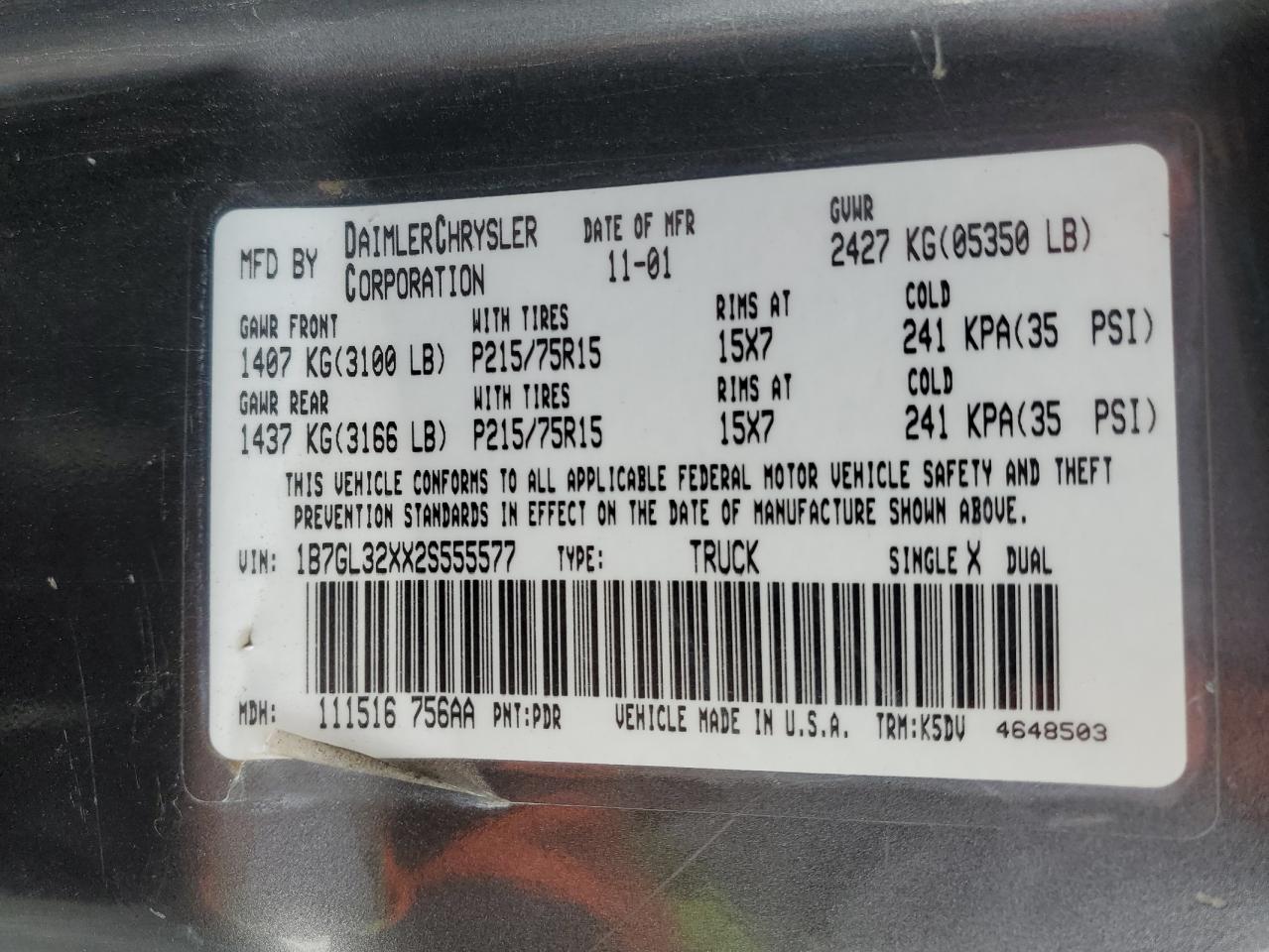 2002 Dodge Dakota Sport VIN: 1B7GL32XX2S555577 Lot: 92856715