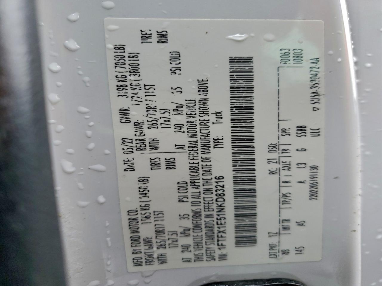 2022 Ford F150 Super Cab VIN: 1FTFX1E51NKD83216 Lot: 93913685