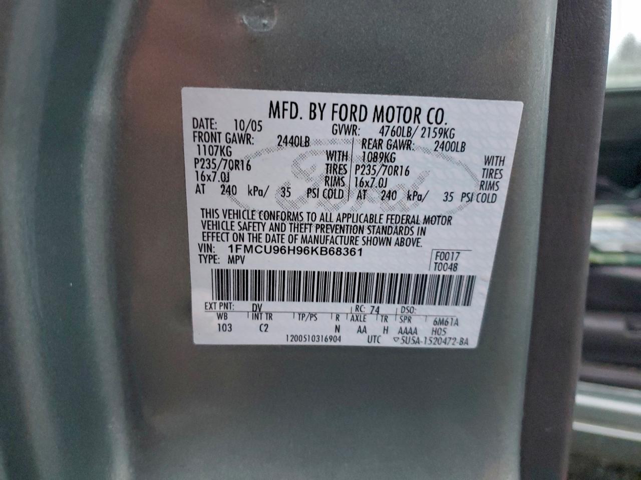 2006 Ford Escape Hev VIN: 1FMCU96H96KB68361 Lot: 93653945